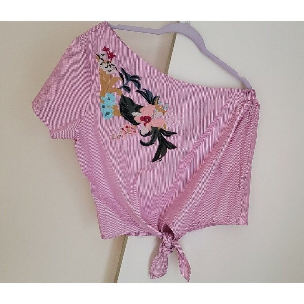 NEW CLICHE EMBROIDERED STRIPED PINK OFF THE SHOULDER TOP BLOUSE LARGE
